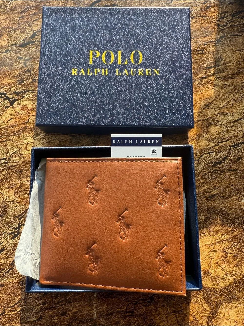 Ralph Lauren Brown Embossed Polo Leather Bifold Wallet